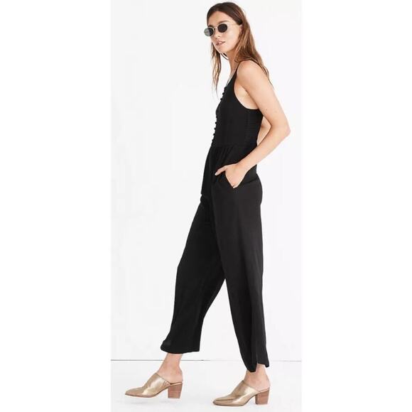 Madewell Smocked Black Button Front Wide Leg Sleeveless Jumper One Piece Size 2 - Picture 3 of 11